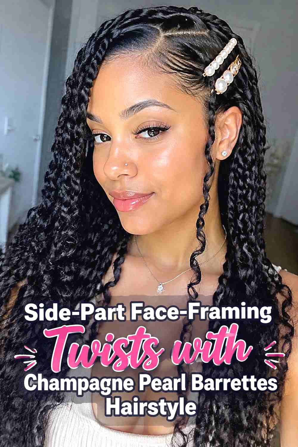 2. Side Part Face Framing Twists With Champagne Pearl Barrettes Hairstyle