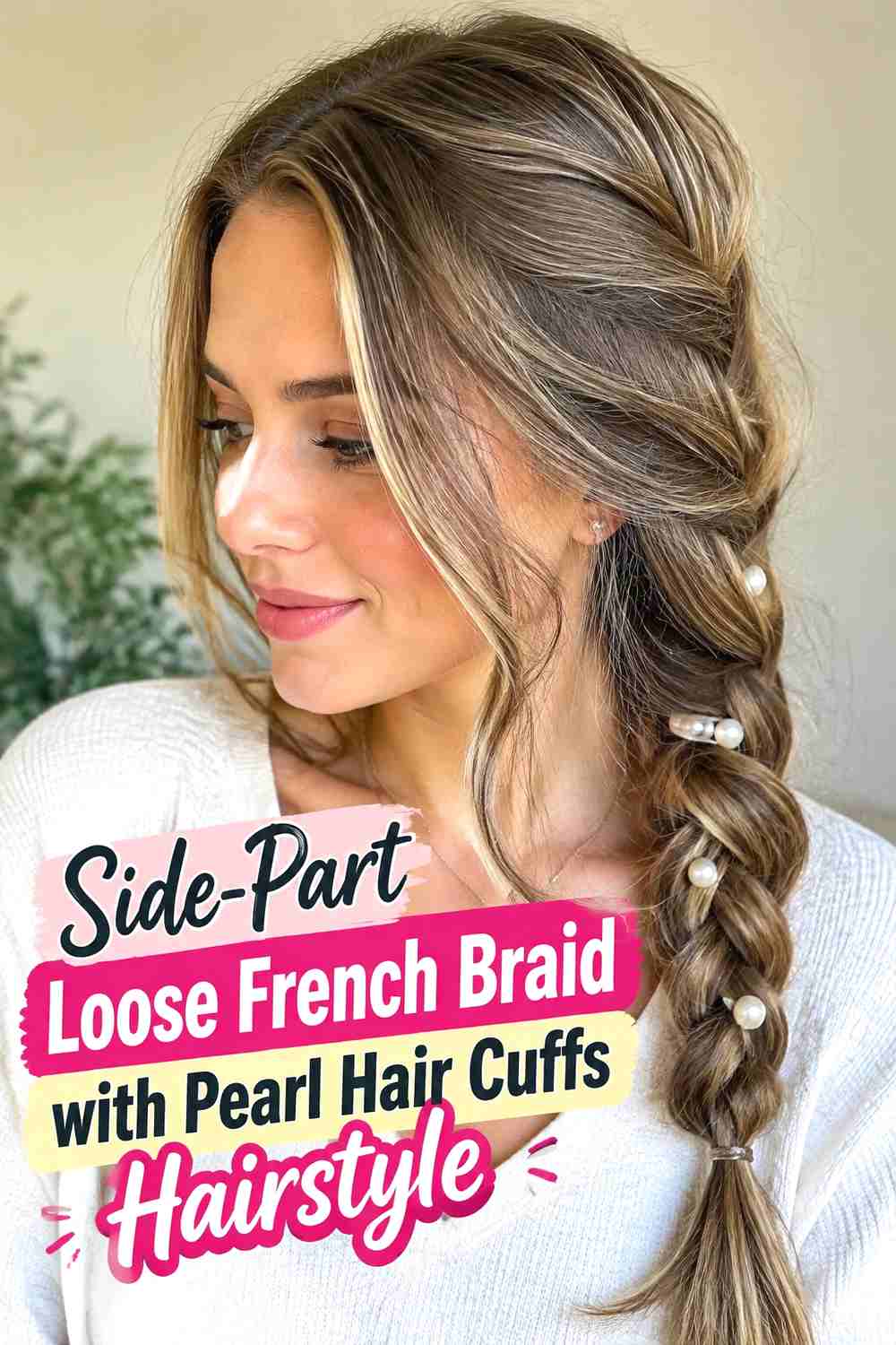 13. Side Part Loose French Braid With Pearl Hair Cuffs Hairstyle