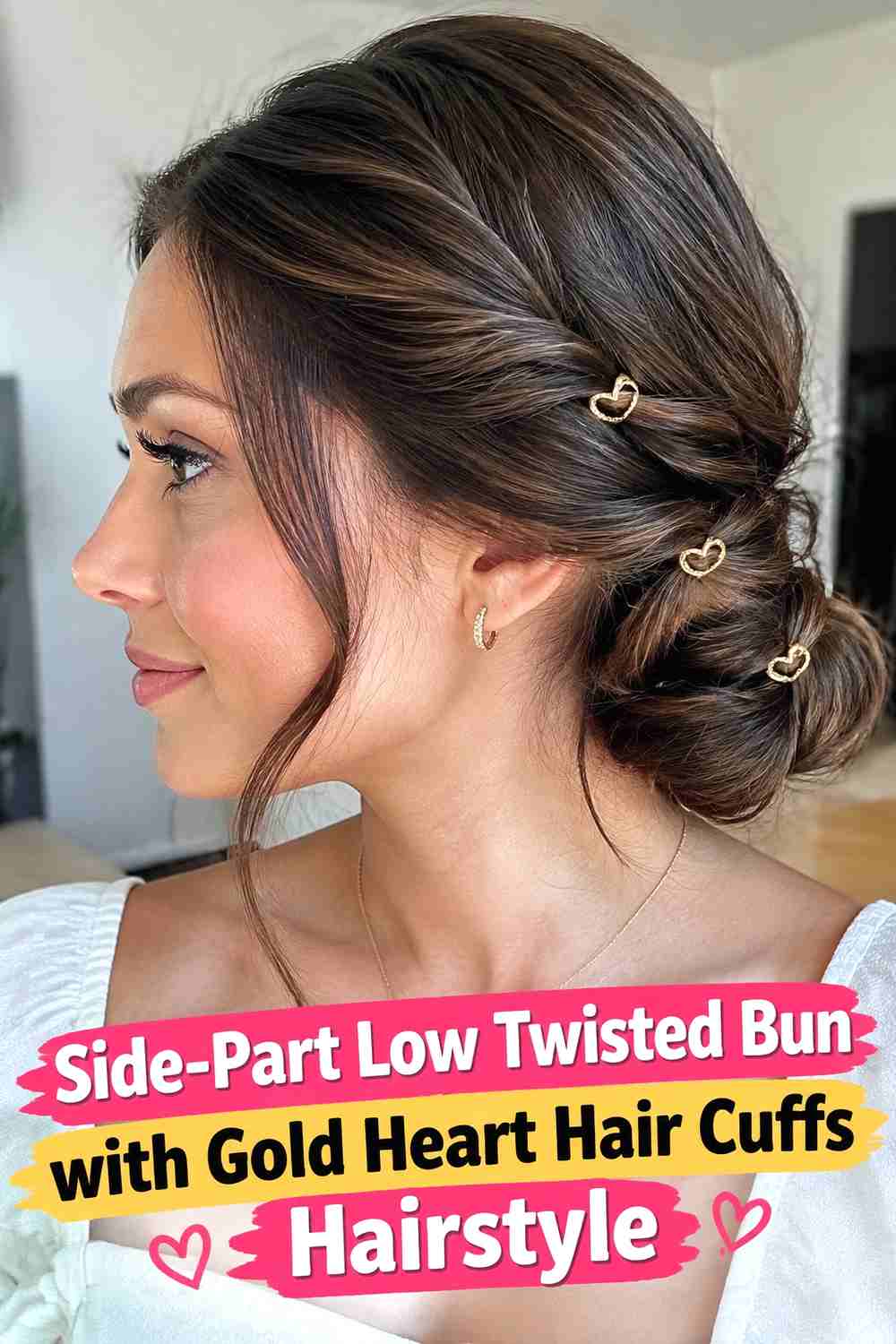 3. Side Part Low Twisted Bun With Gold Heart Hair Cuffs Hairstyle