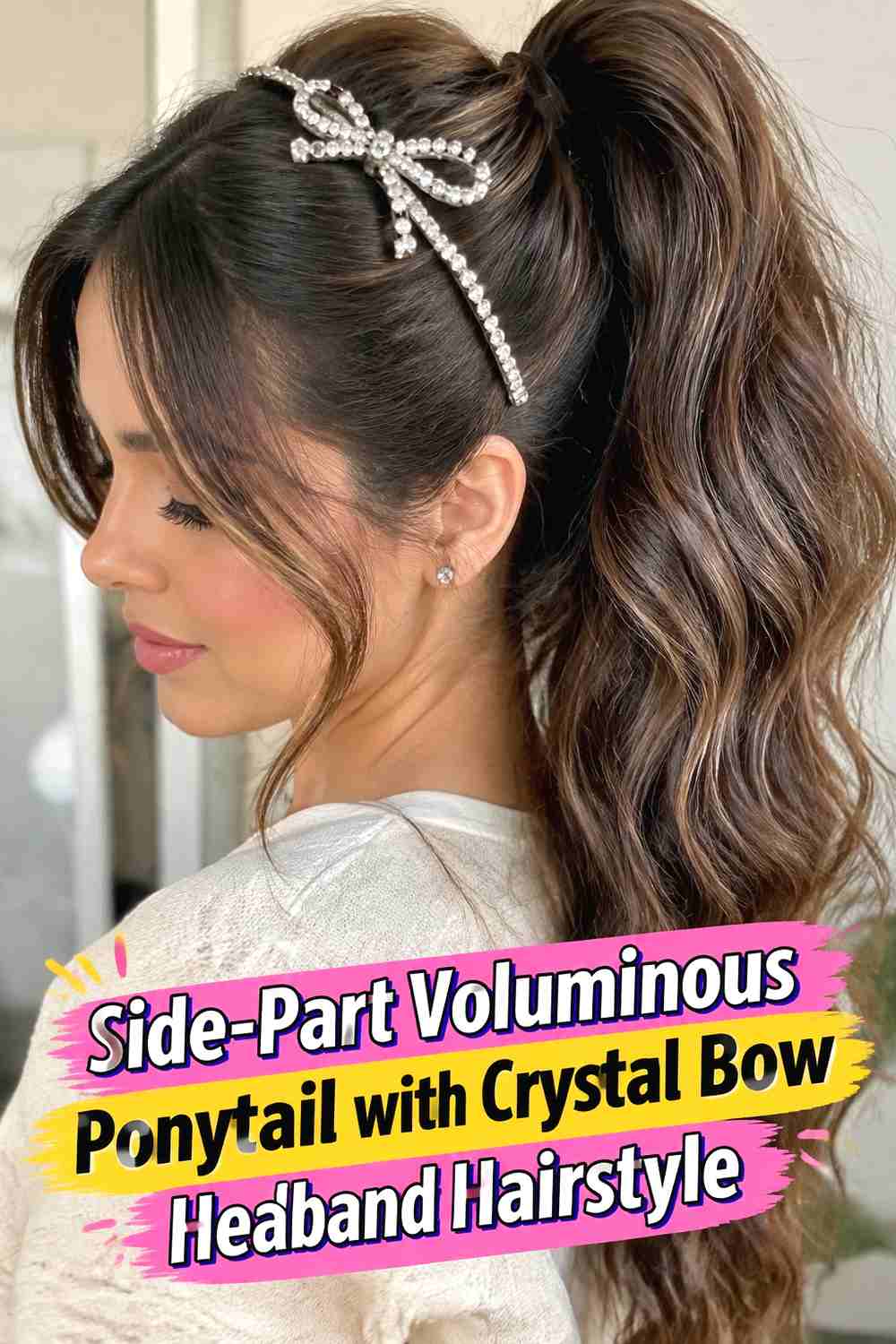 8. Side Part Voluminous Ponytail With Crystal Bow Headband Hairstyle