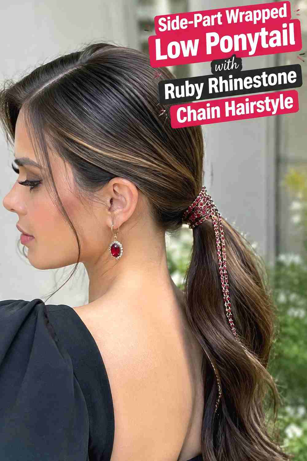 2. Side Part Wrapped Low Ponytail With Ruby Rhinestone Chain Hairstyle