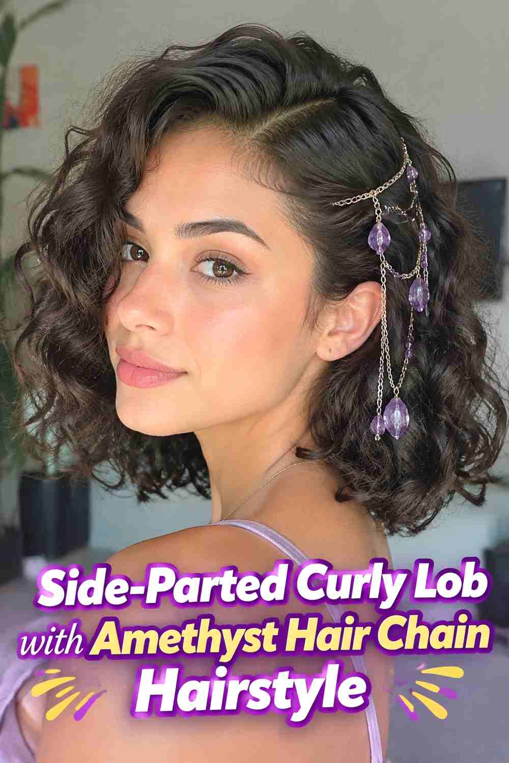 7. Side Parted Curly Lob With Amethyst Hair Chain Hairstyle