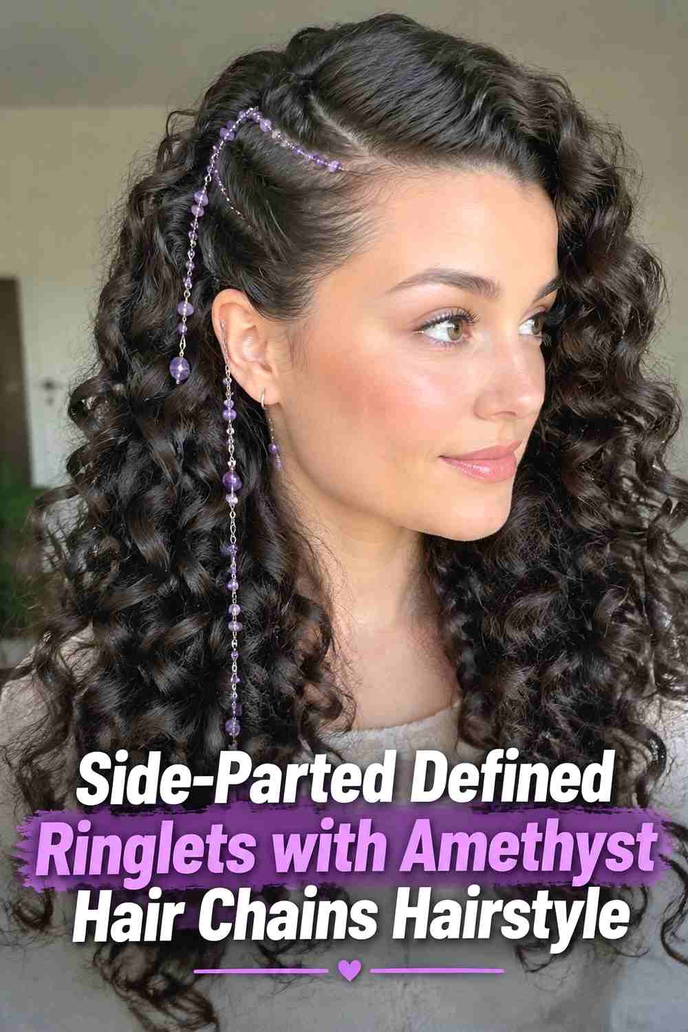 8. Side Parted Defined Ringlets With Amethyst Hair Chains Hairstyle