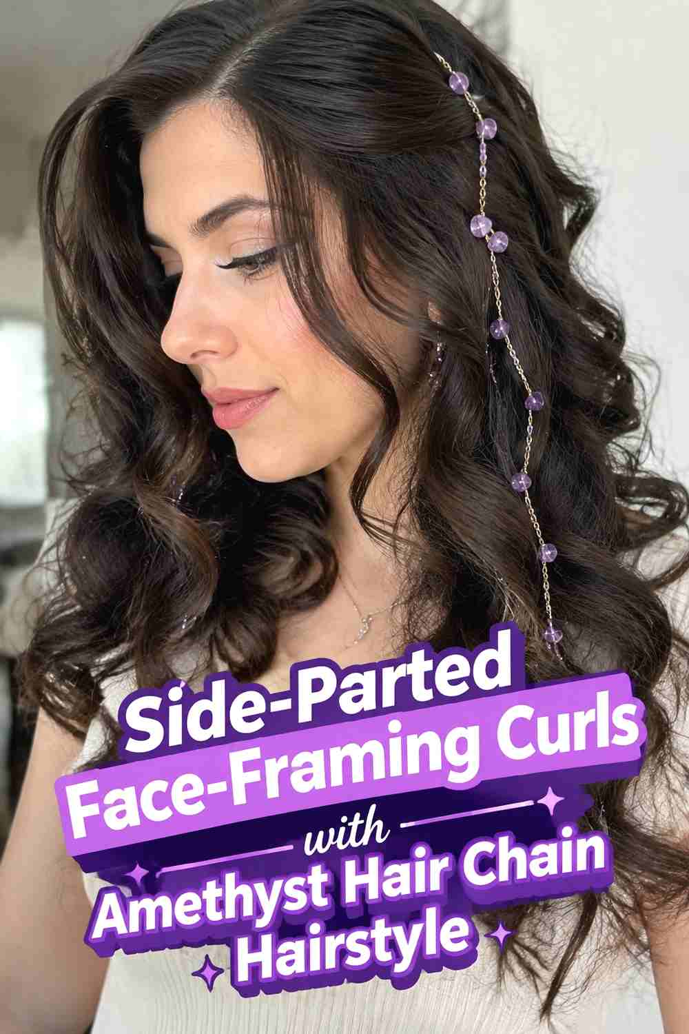 9. Side Parted Face Framing Curls With Amethyst Hair Chain Hairstyle