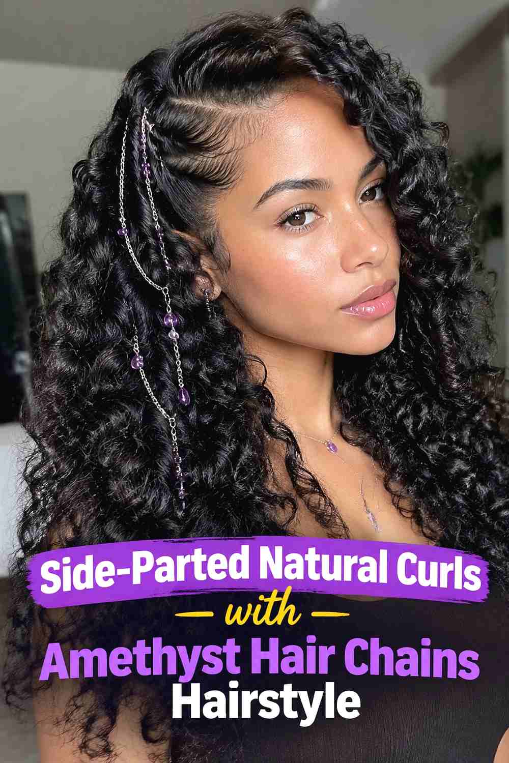 12. Side Parted Natural Curls With Amethyst Hair Chains Hairstyle