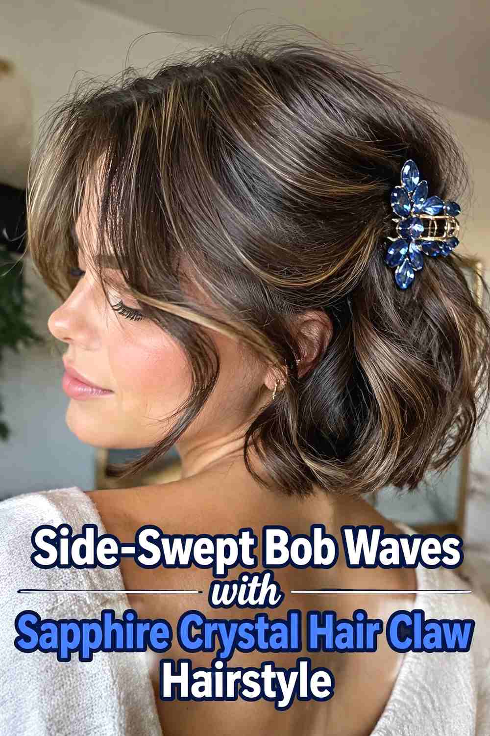 4. Side Swept Bob Waves With Sapphire Crystal Hair Claw Hairstyle