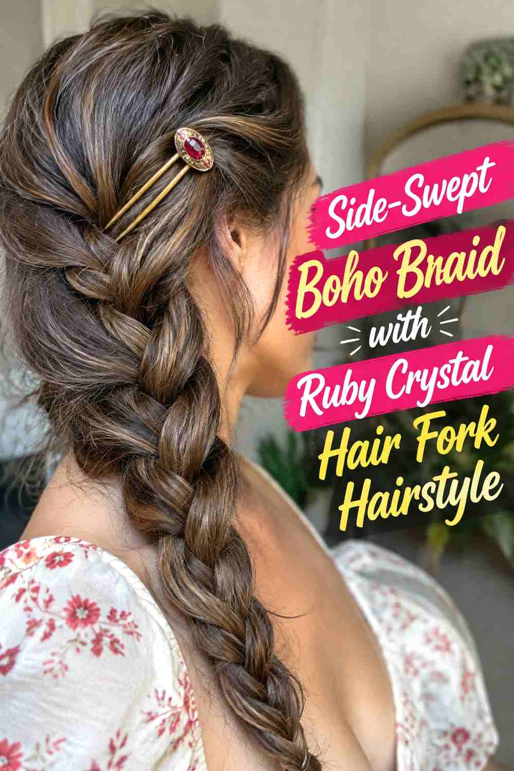 6. Side Swept Boho Braid With Ruby Crystal Hair Fork Hairstyle