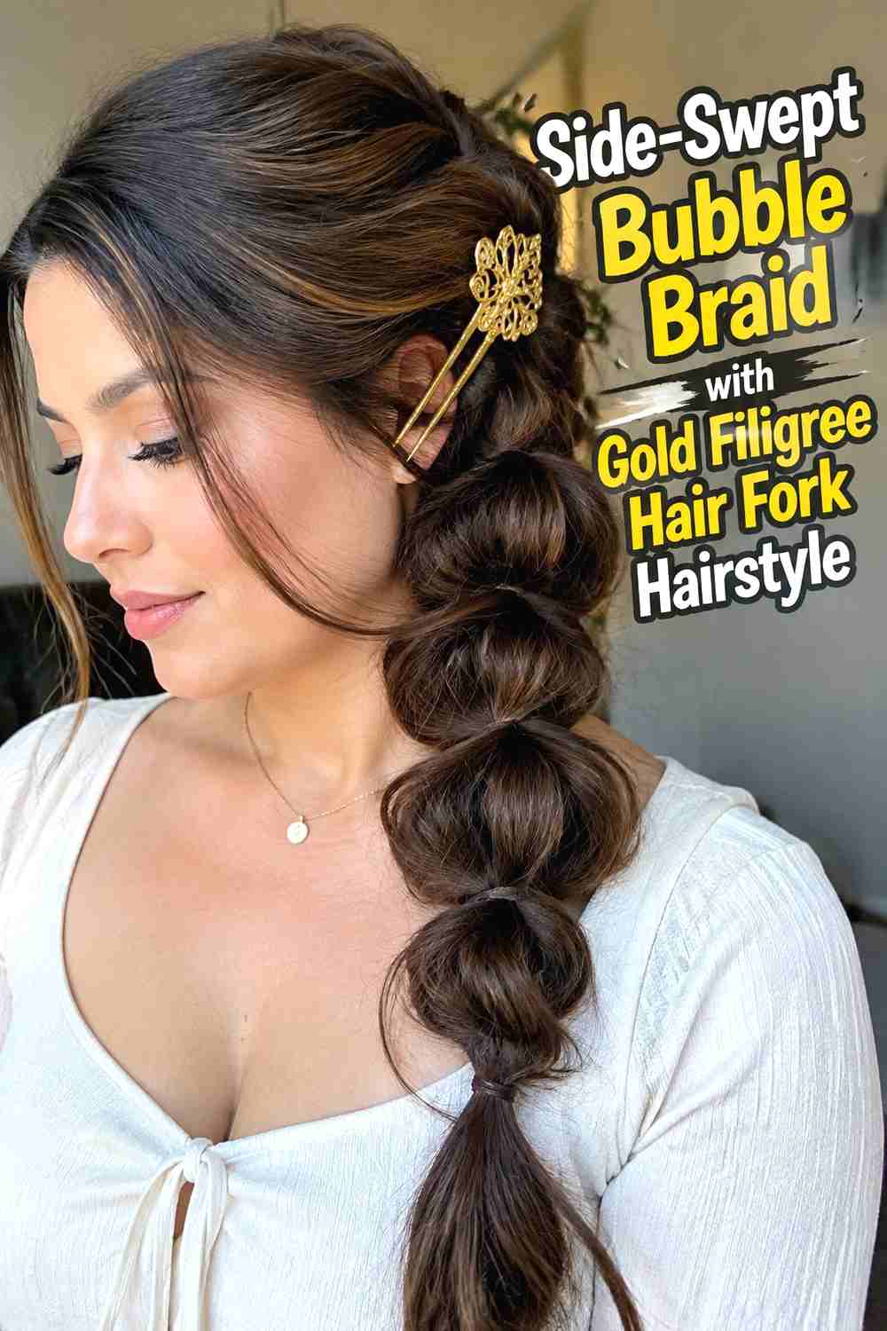 3. Side Swept Bubble Braid With Gold Filigree Hair Fork Hairstyle