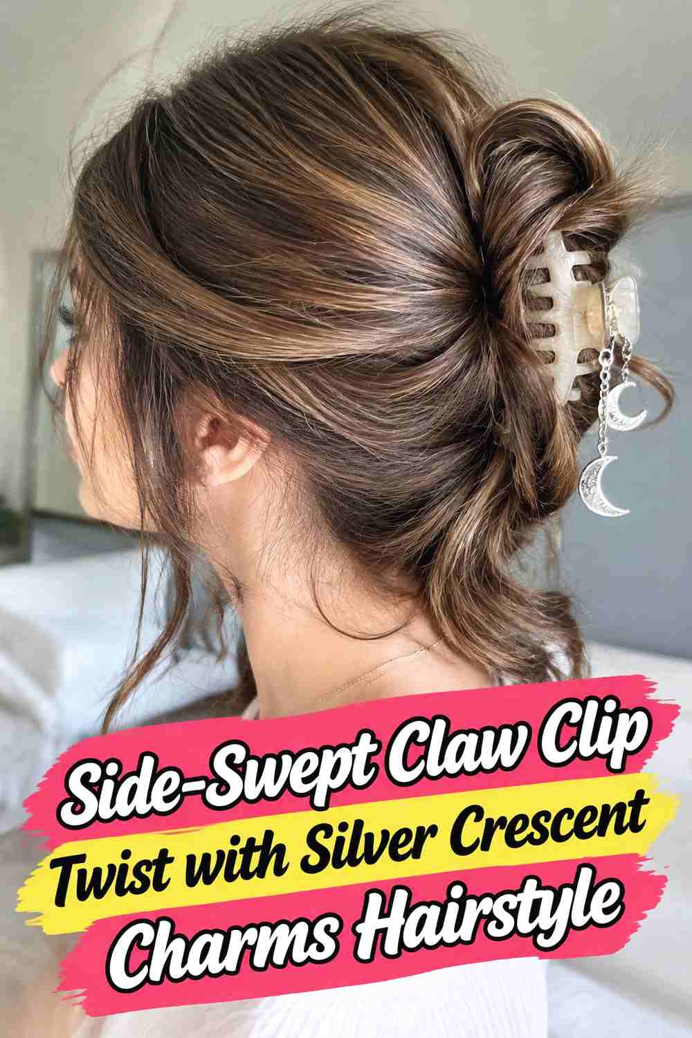 11. Side Swept Claw Clip Twist With Silver Crescent Charms Hairstyle