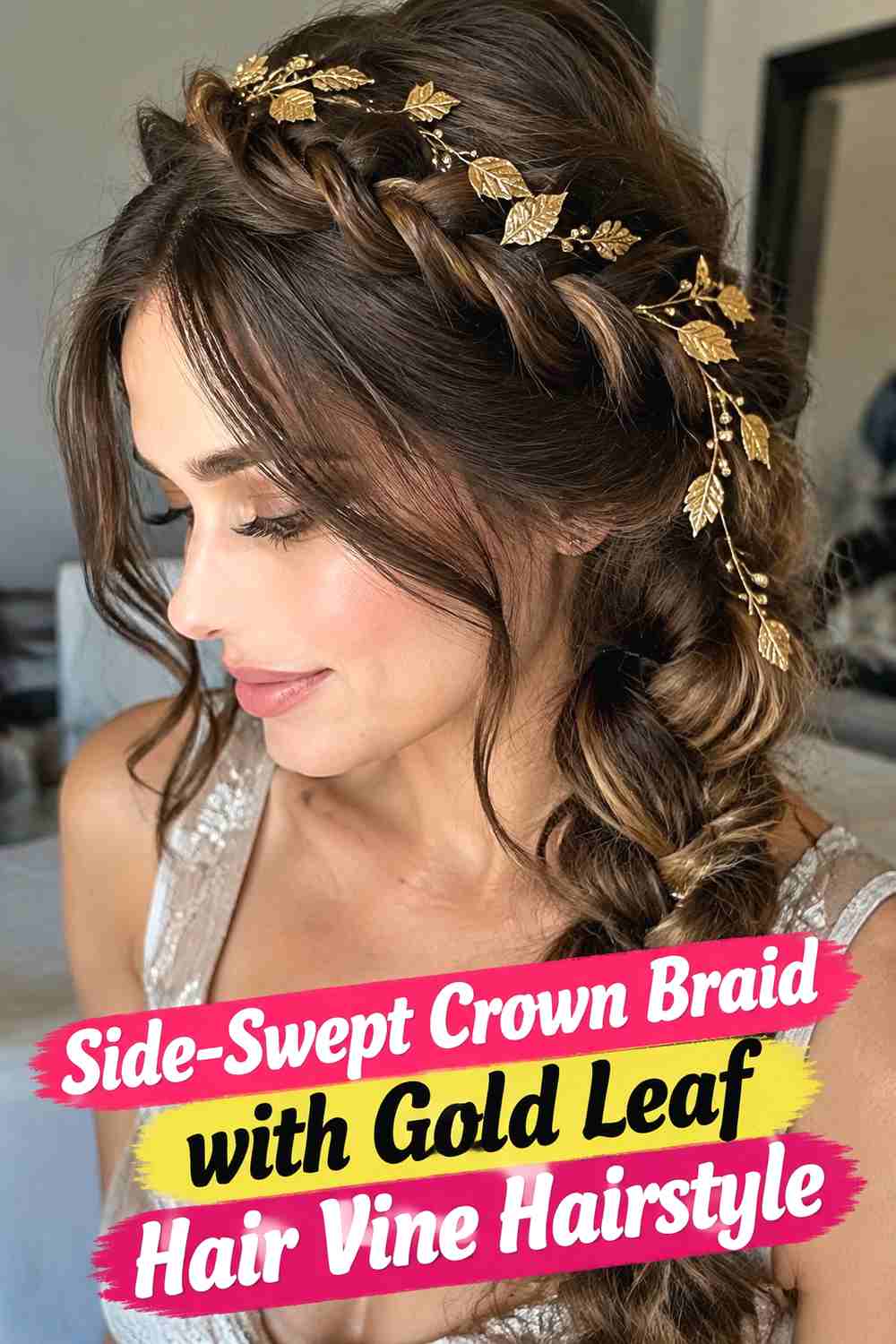 3. Side Swept Crown Braid With Gold Leaf Hair Vine Hairstyle