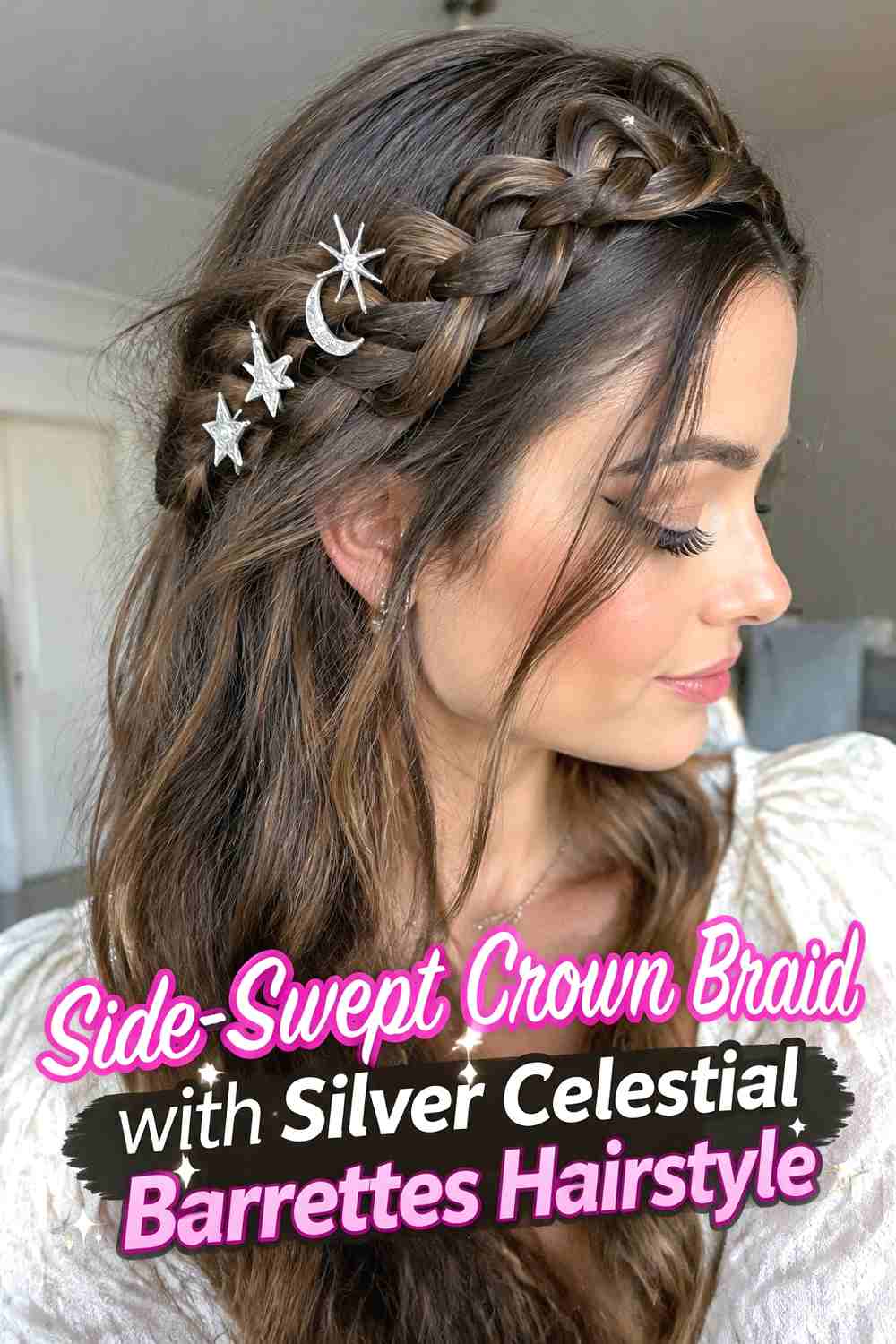 6. Side Swept Crown Braid With Silver Celestial Barrettes Hairstyle
