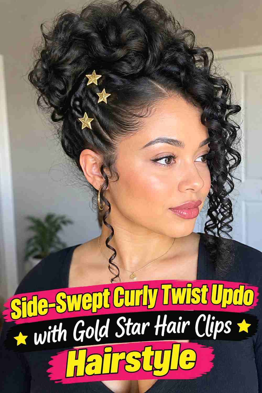 2. Side Swept Curly Twist Updo With Gold Star Hair Clips Hairstyle