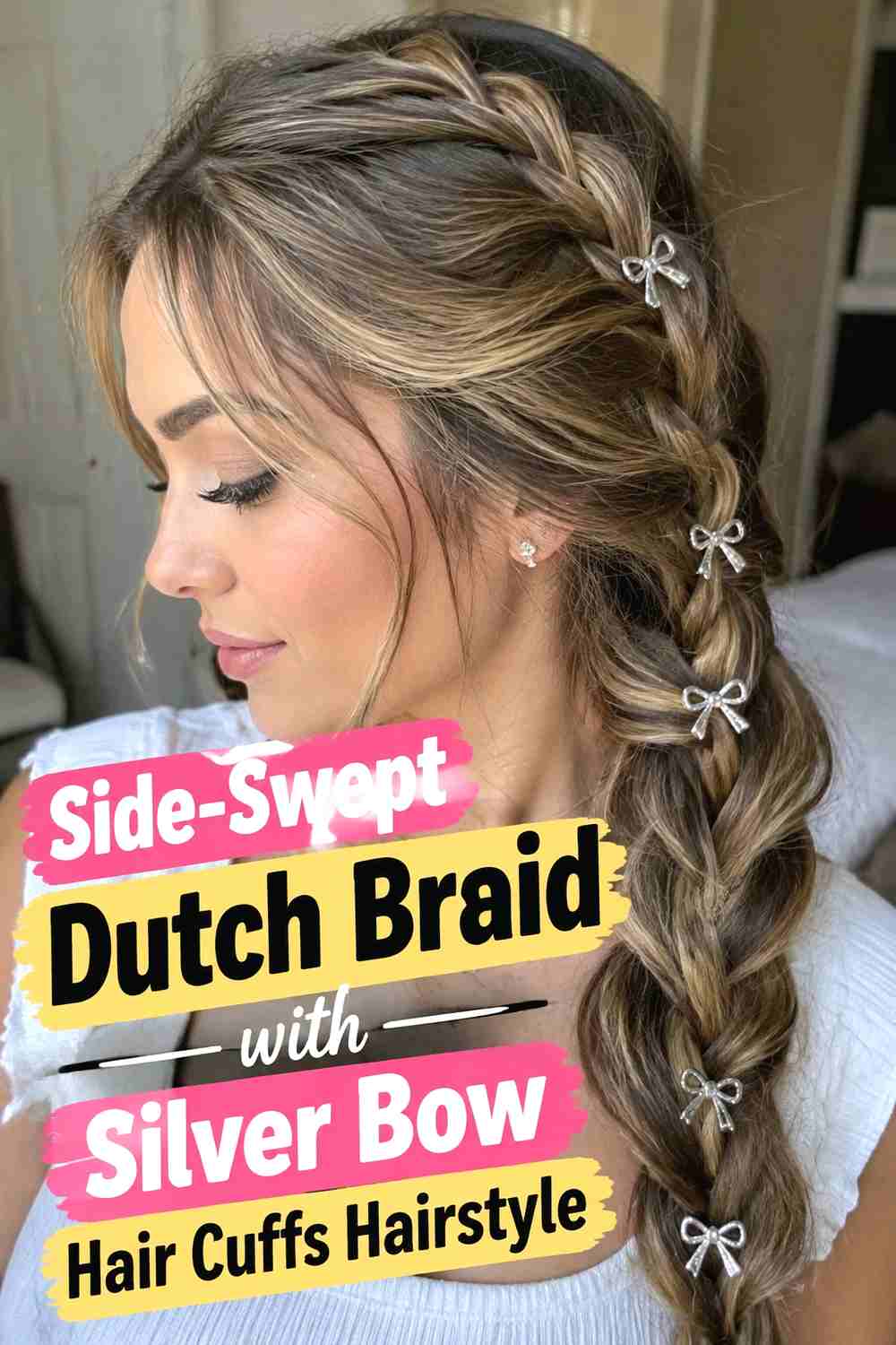 2. Side Swept Dutch Braid With Silver Bow Hair Cuffs Hairstyle