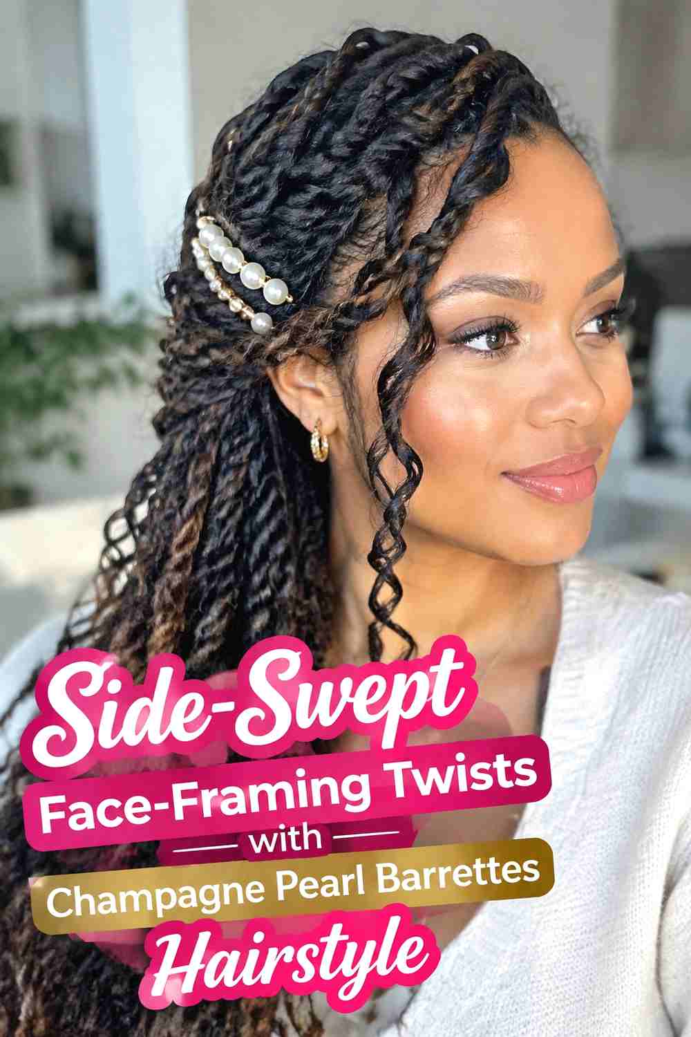 11. Side Swept Face Framing Twists With Champagne Pearl Barrettes Hairstyle