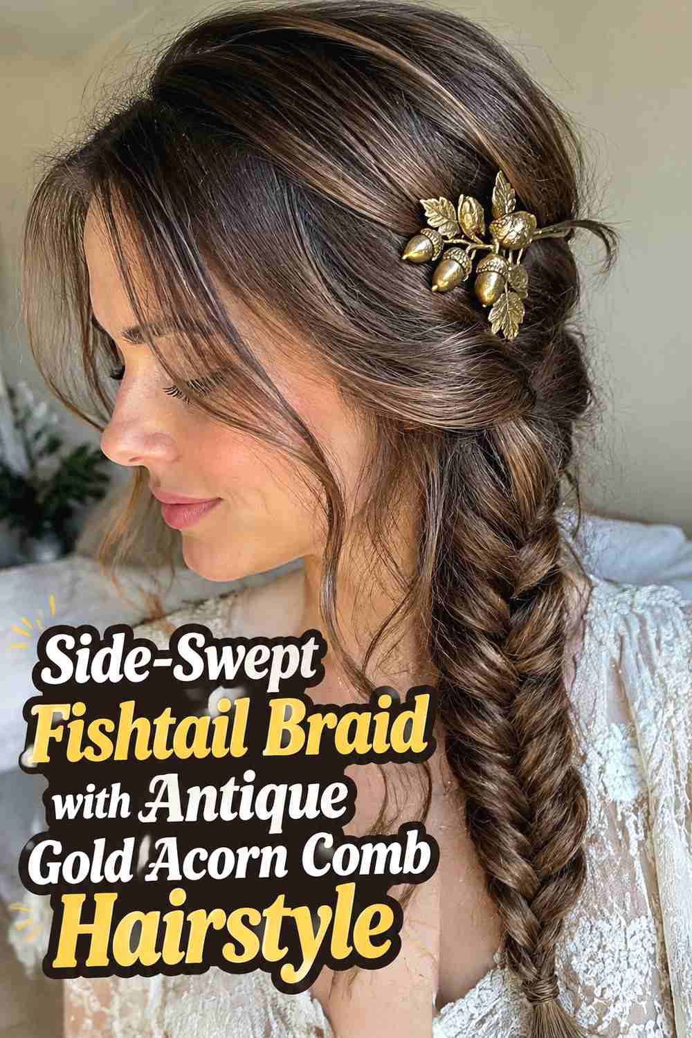 9. Side Swept Fishtail Braid With Antique Gold Acorn Comb Hairstyle