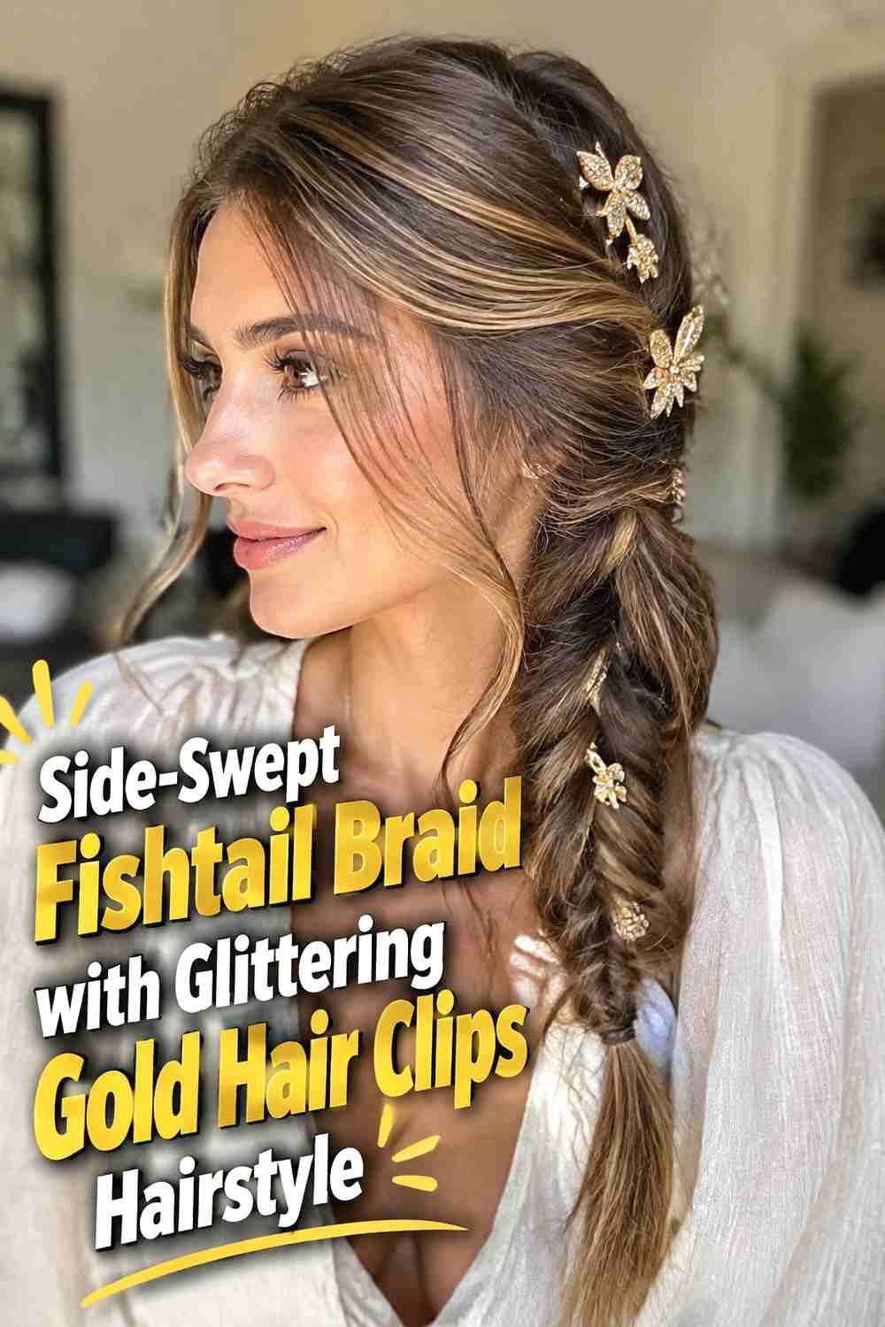 4. Side Swept Fishtail Braid With Glittering Gold Hair Clips Hairstyle
