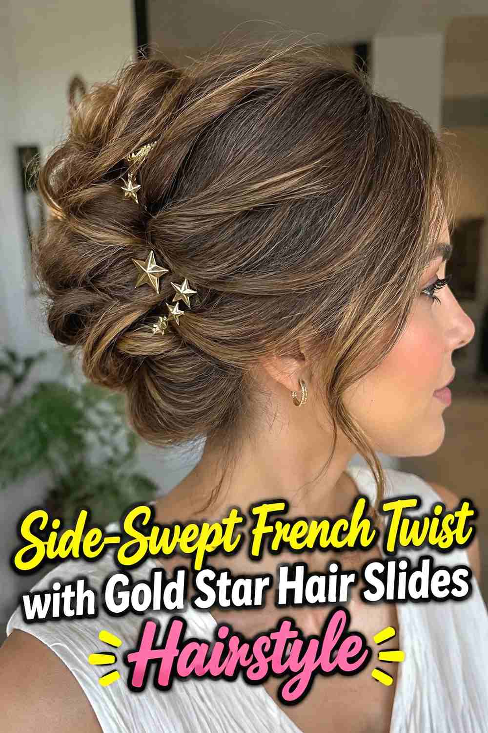 8. Side Swept French Twist With Gold Star Hair Slides Hairstyle