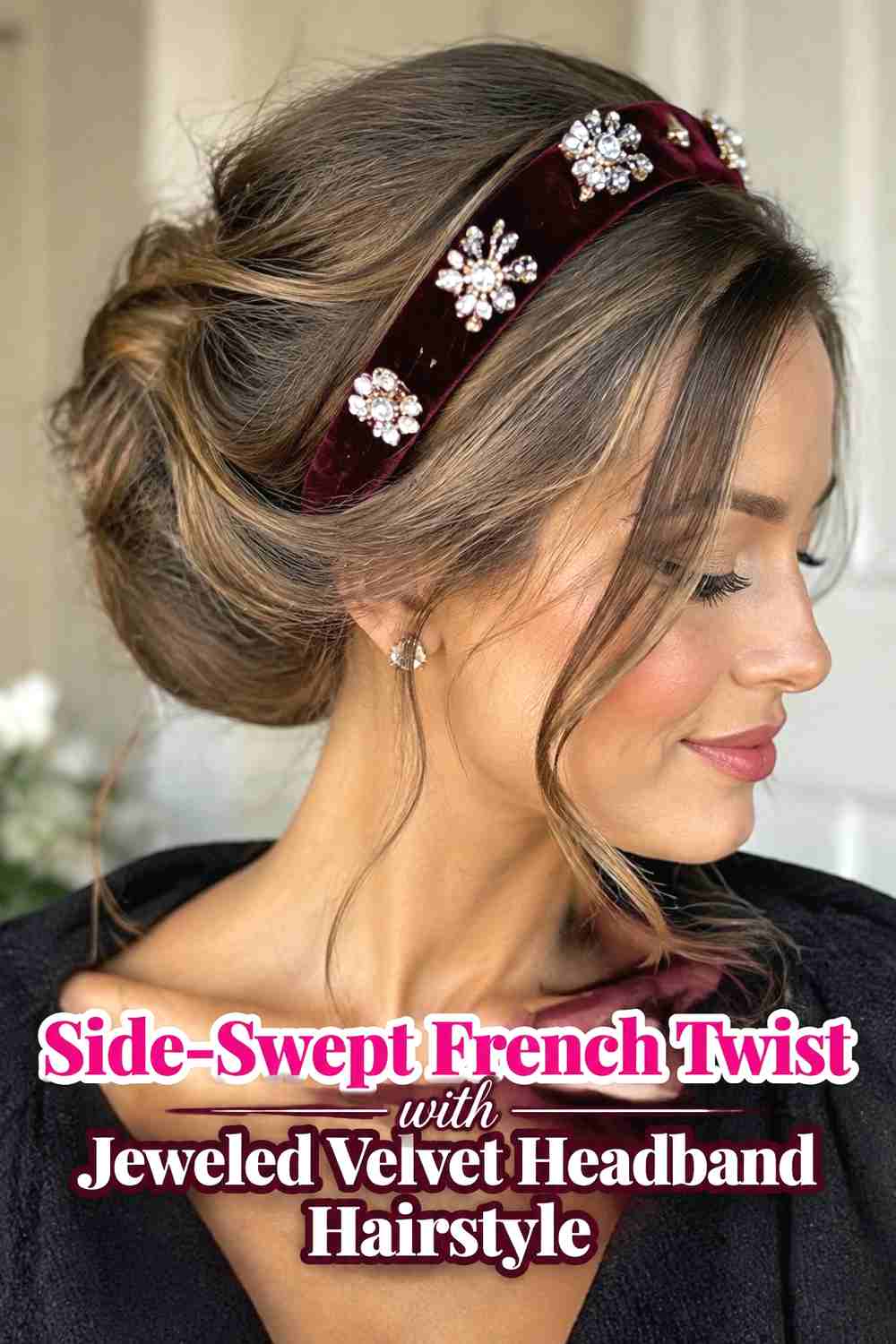 15. Side Swept French Twist With Jeweled Velvet Headband Hairstyle