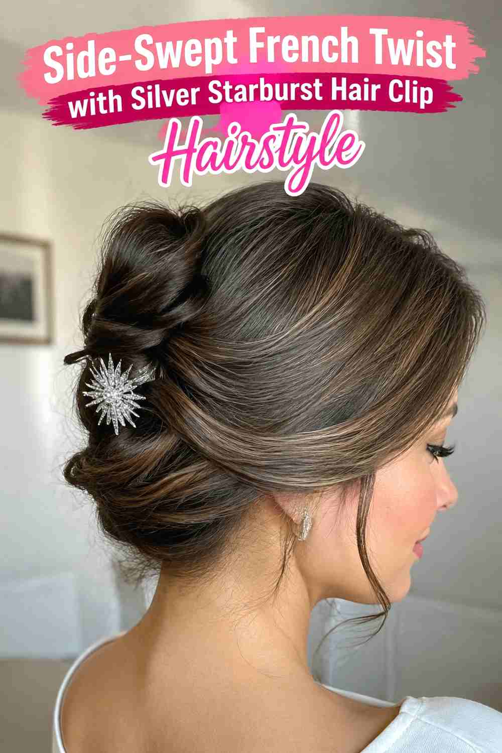5. Side Swept French Twist With Silver Starburst Hair Clip Hairstyle