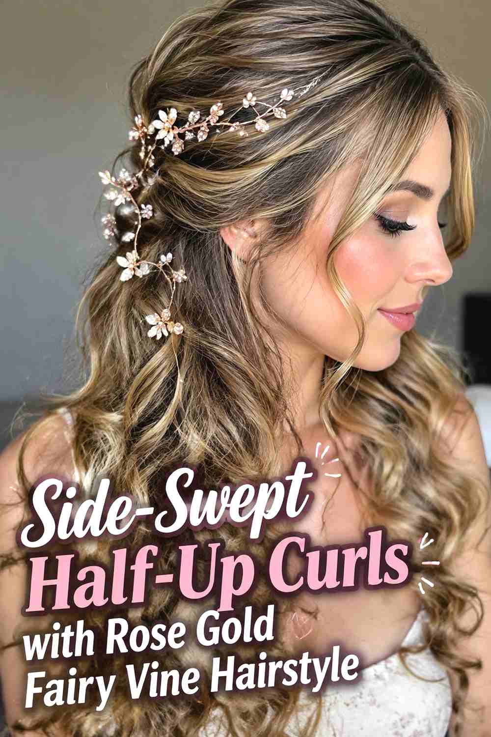 4. Side Swept Half Up Curls With Rose Gold Fairy Vine Hairstyle