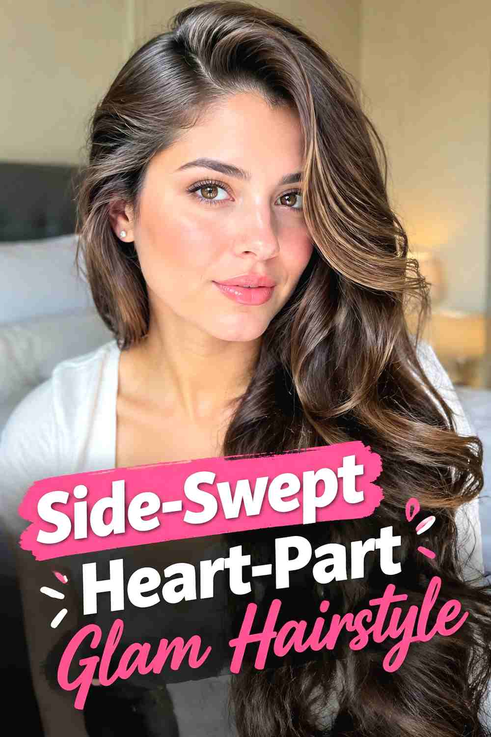 14. Side Swept Heart Part Glam Hairstyle