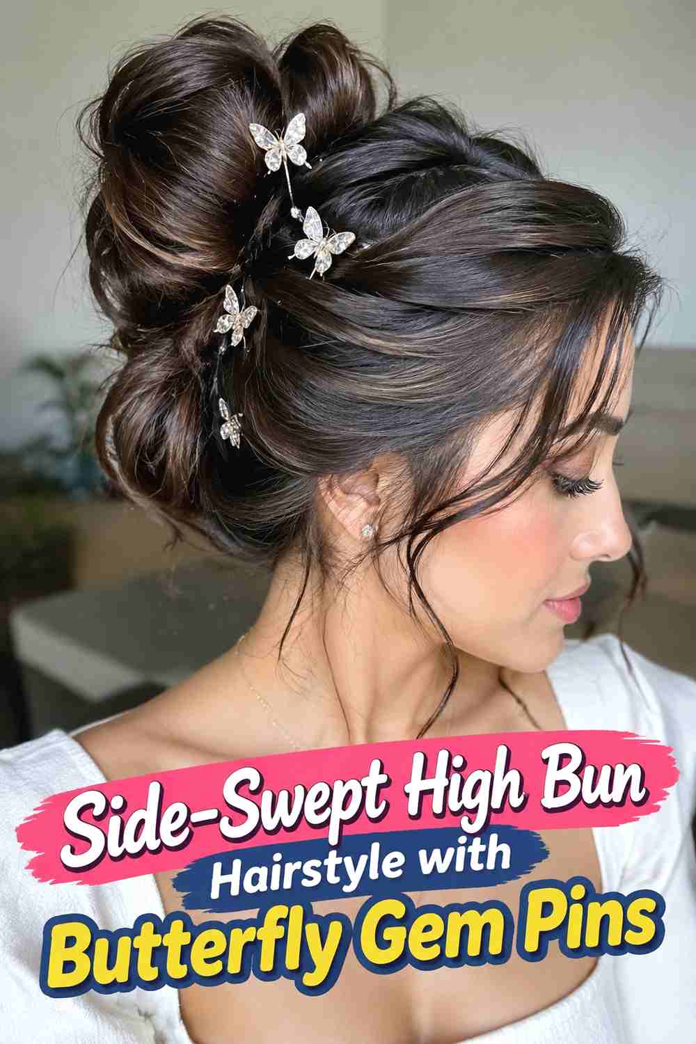 9. Side Swept High Bun Hairstyle With Butterfly Gem Pins