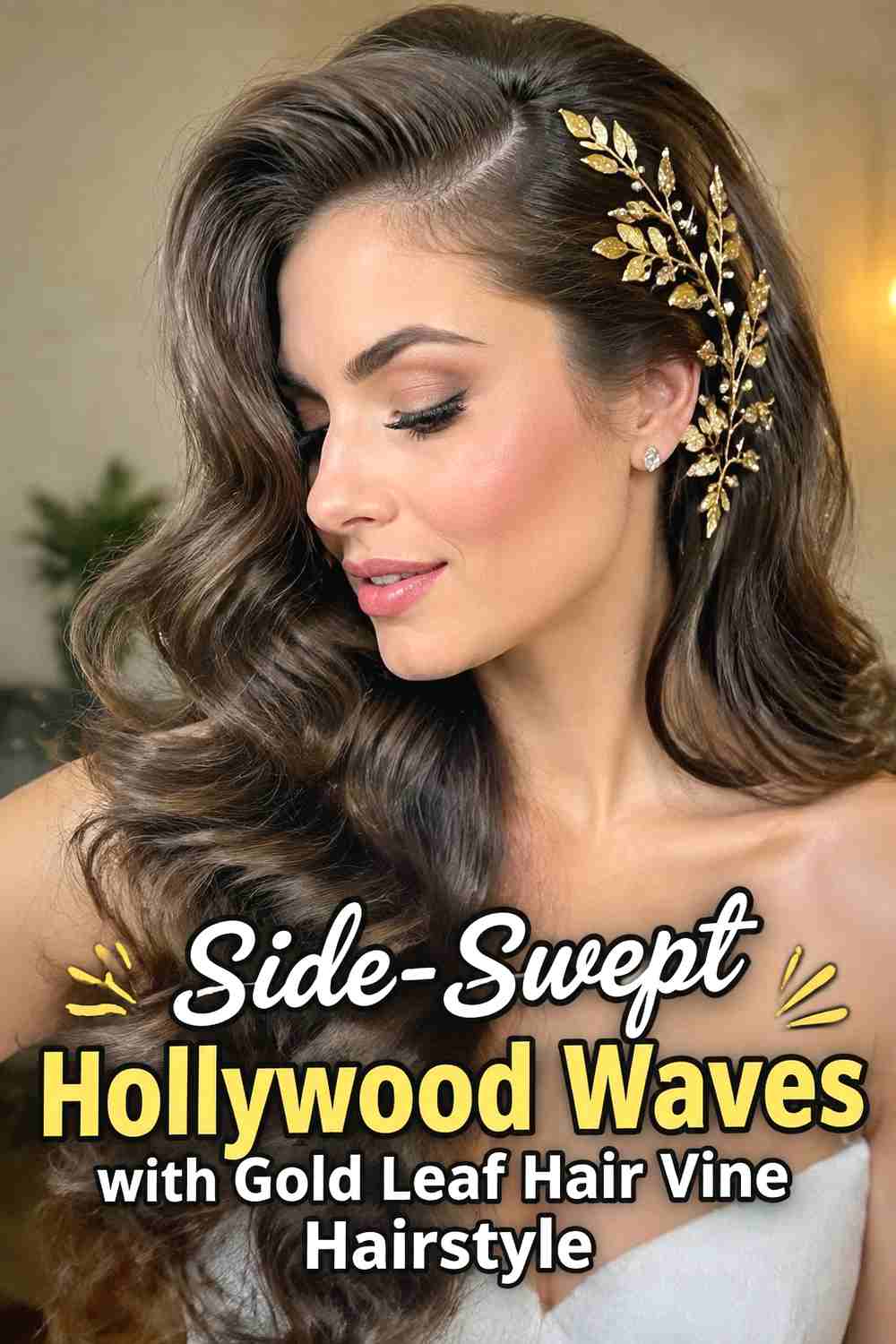 8. Side Swept Hollywood Waves With Gold Leaf Hair Vine Hairstyle