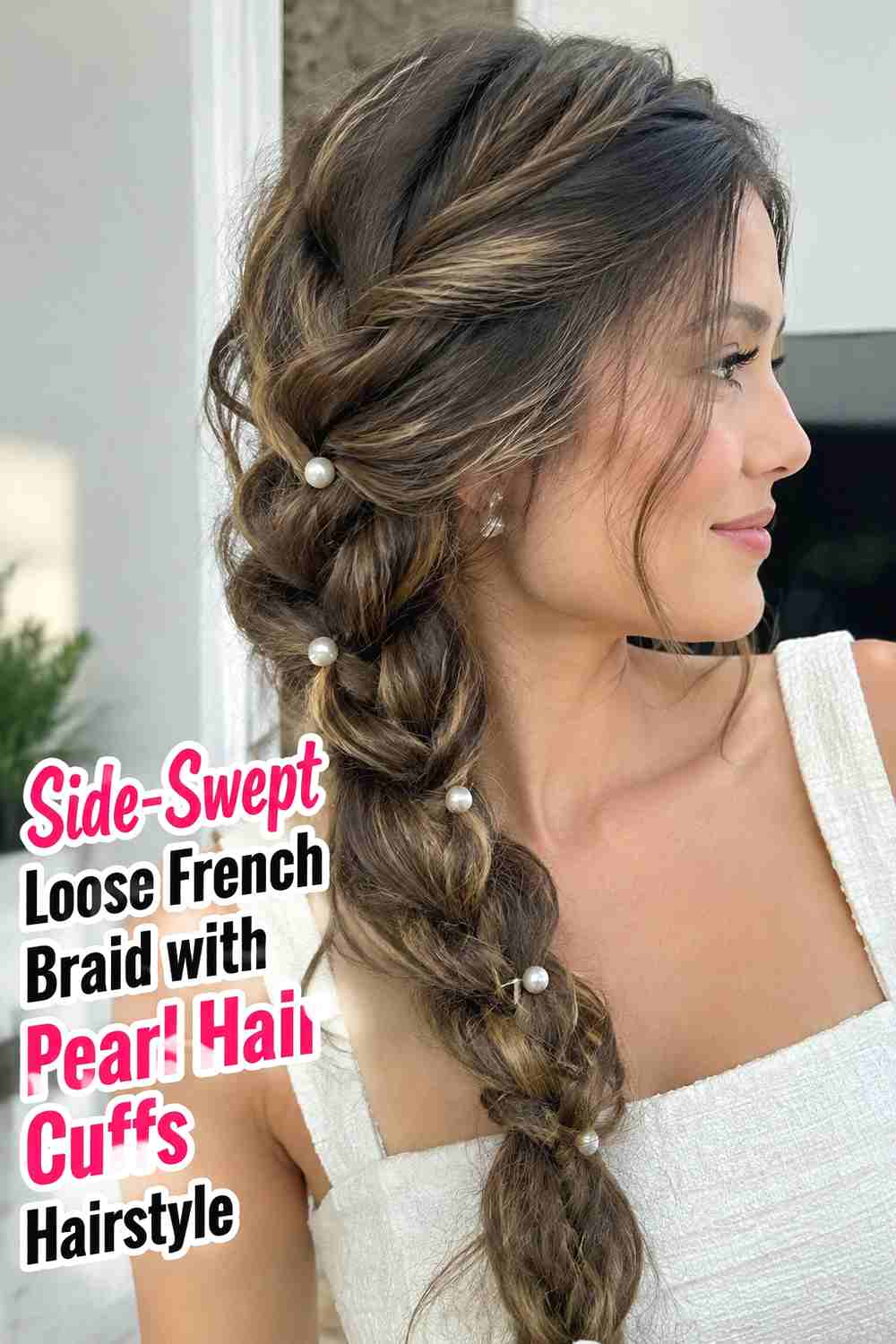 2. Side Swept Loose French Braid With Pearl Hair Cuffs Hairstyle