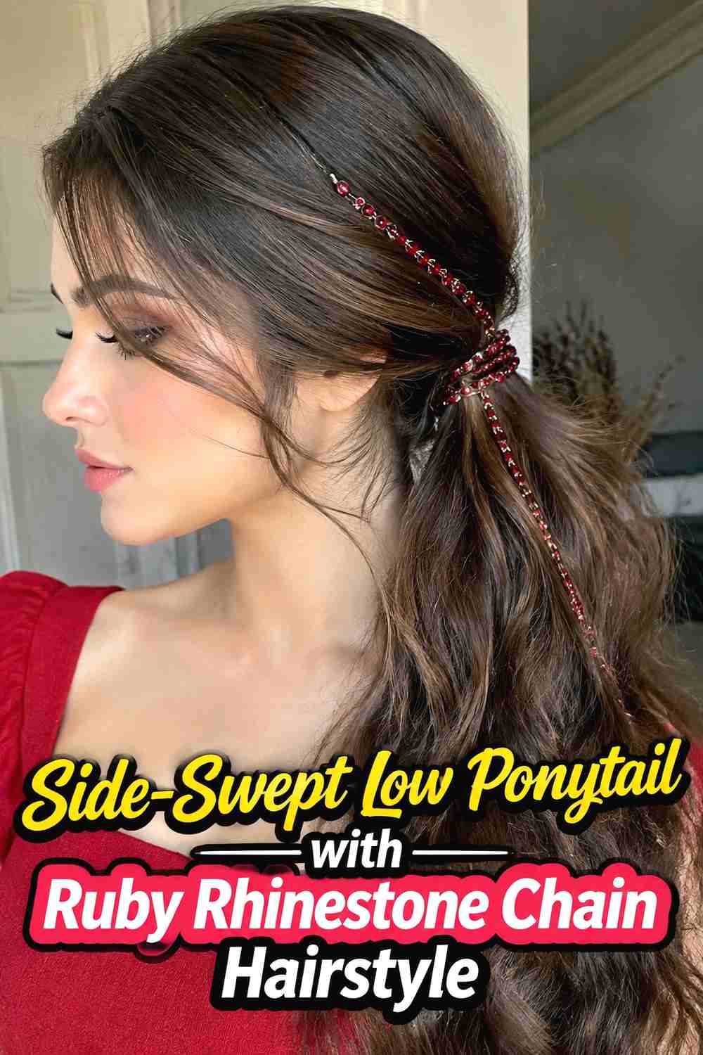 11. Side Swept Low Ponytail With Ruby Rhinestone Chain Hairstyle
