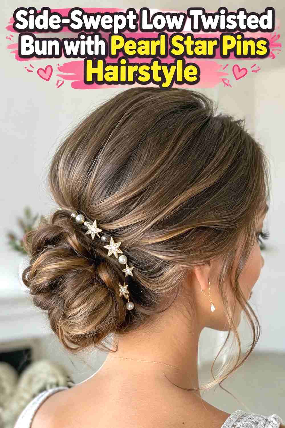 4. Side Swept Low Twisted Bun With Pearl Star Pins Hairstyle