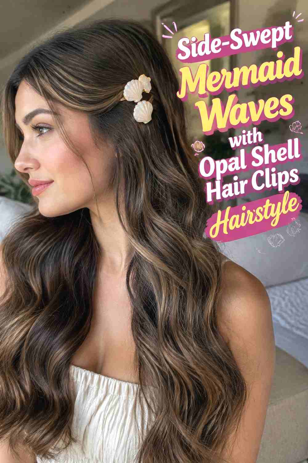 2. Side Swept Mermaid Waves With Opal Shell Hair Clips Hairstyle