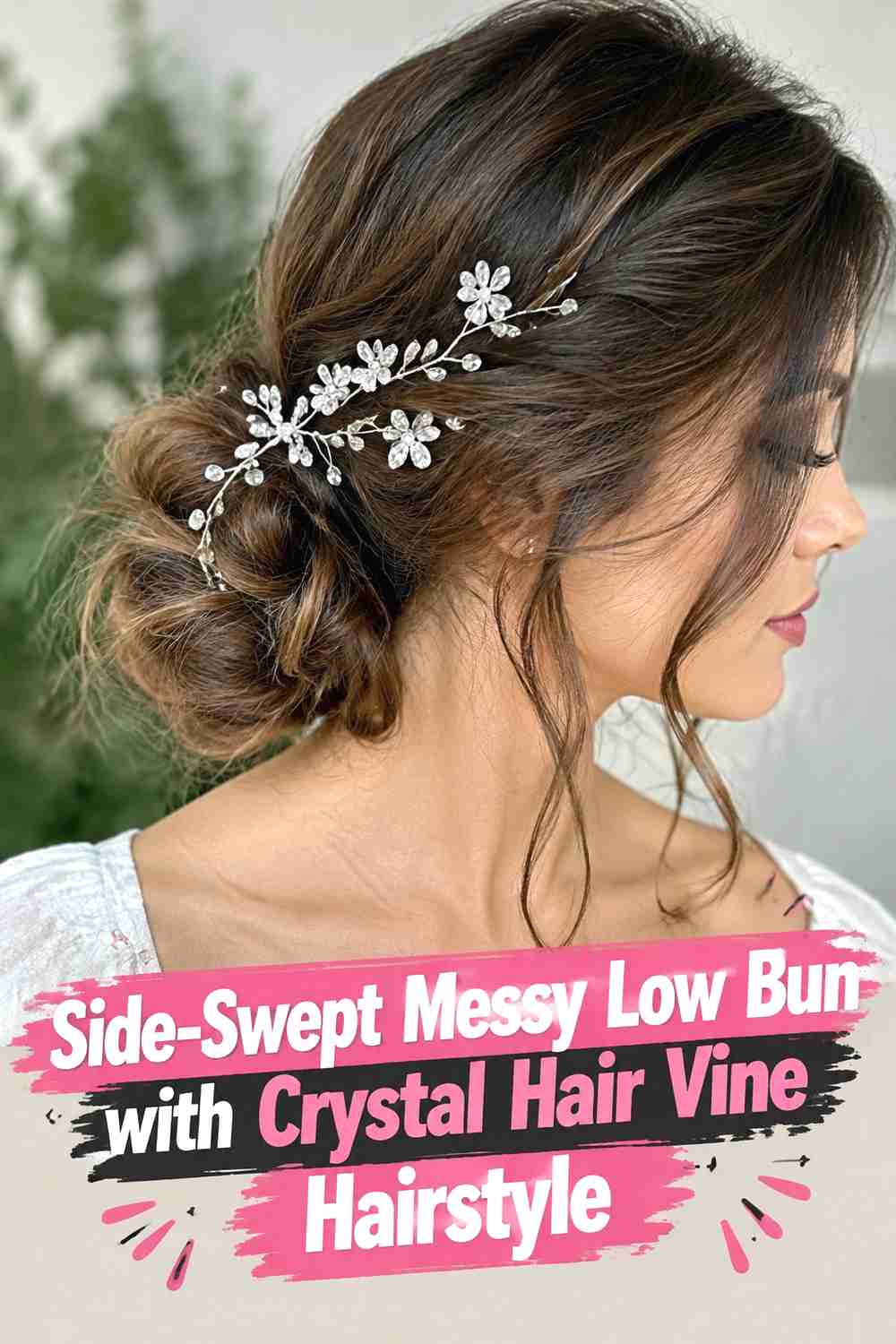 5. Side Swept Messy Low Bun With Crystal Hair Vine Hairstyle