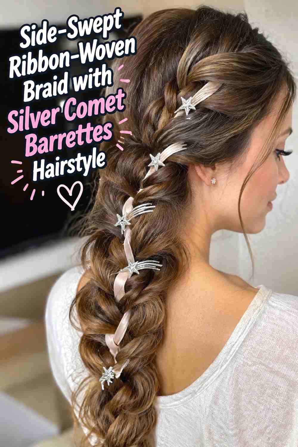 6. Side Swept Ribbon Woven Braid With Silver Comet Barrettes Hairstyle