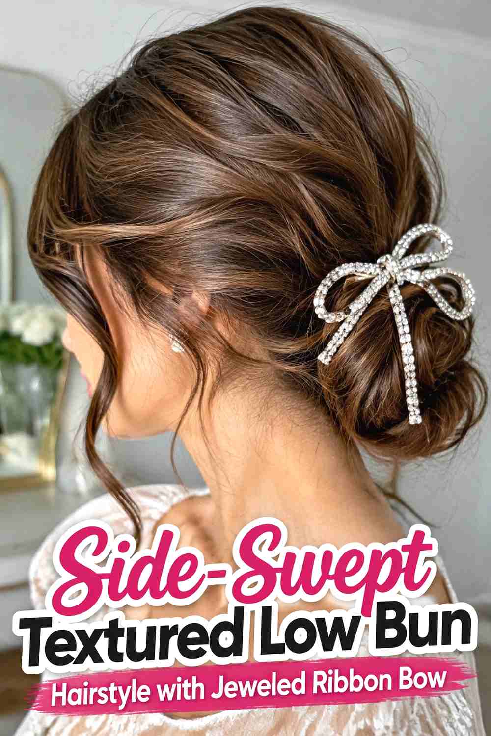 13. Side Swept Textured Low Bun Hairstyle With Jeweled Ribbon Bow