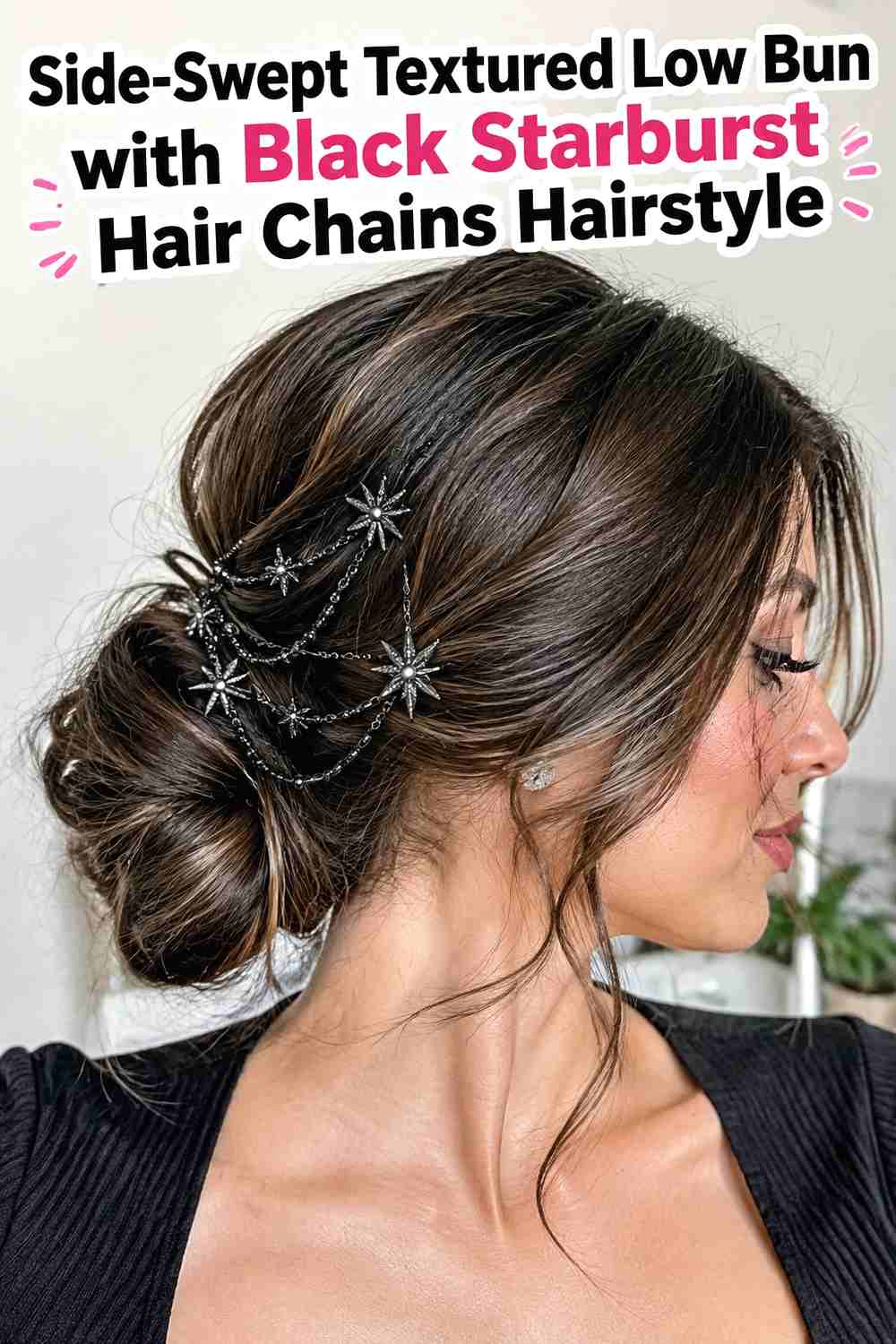 3. Side Swept Textured Low Bun With Black Starburst Hair Chains Hairstyle