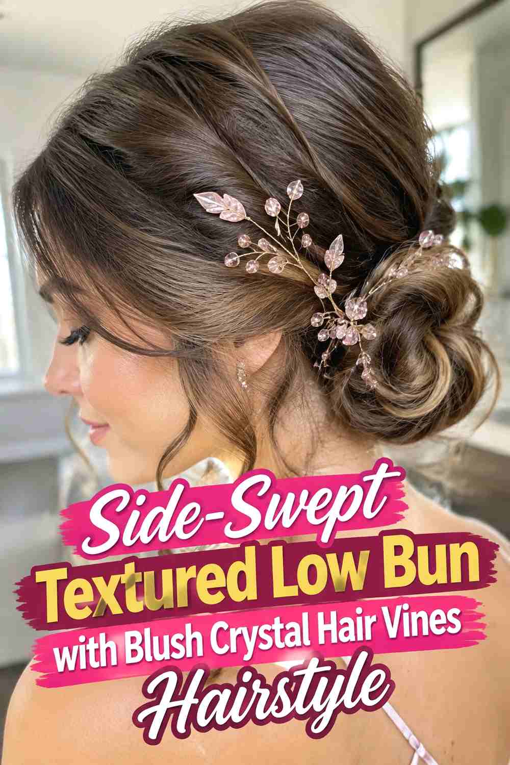 3. Side Swept Textured Low Bun With Blush Crystal Hair Vines Hairstyle