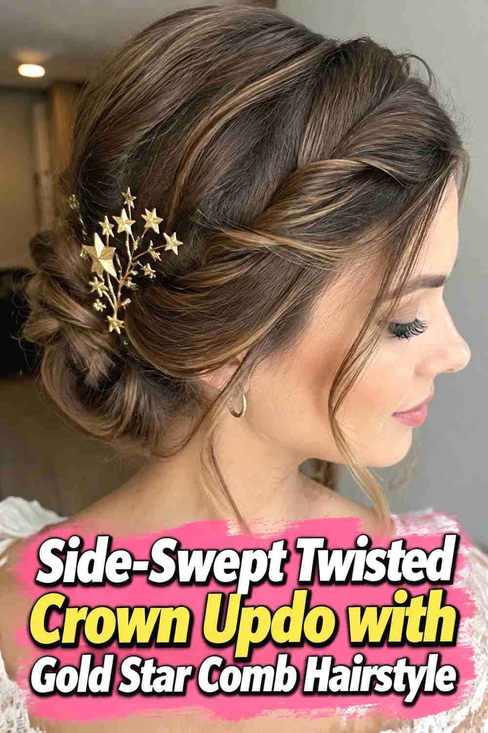 3. Side Swept Twisted Crown Updo With Gold Star Comb Hairstyle