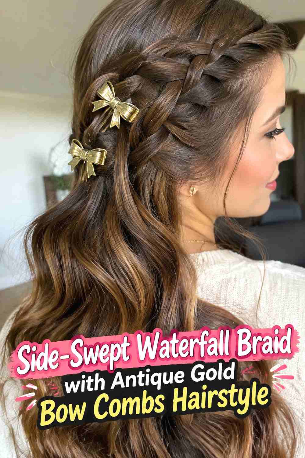 2. Side Swept Waterfall Braid With Antique Gold Bow Combs Hairstyle