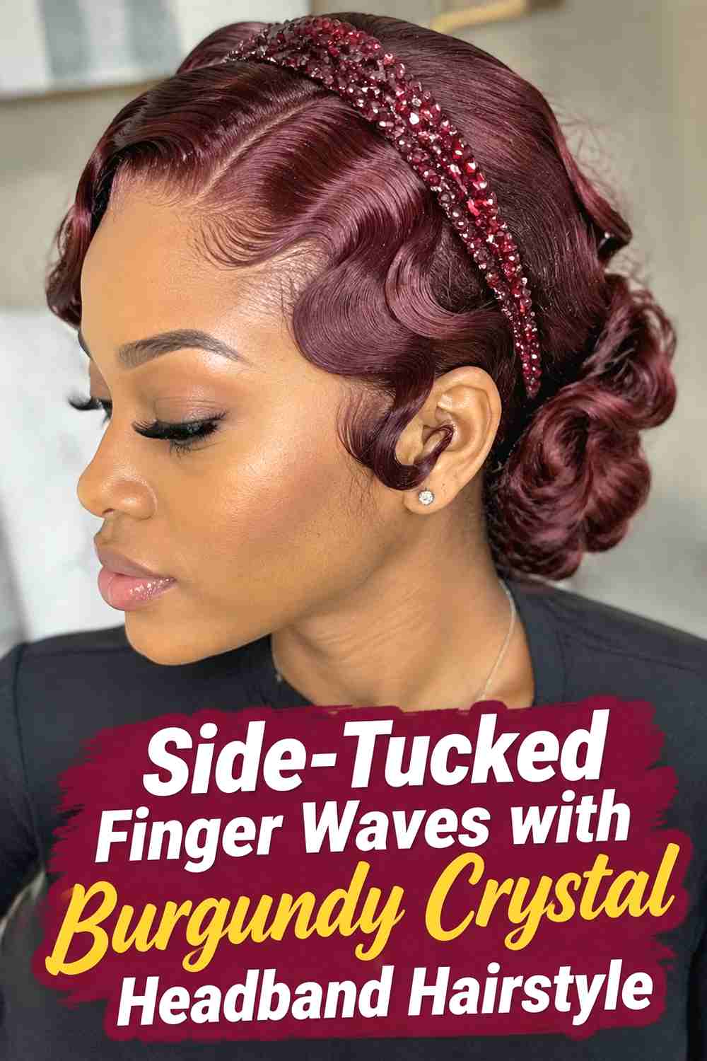 8. Side Tucked Finger Waves With Burgundy Crystal Headband Hairstyle