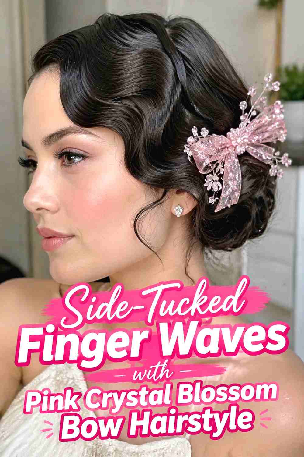 7. Side Tucked Finger Waves With Pink Crystal Blossom Bow Hairstyle