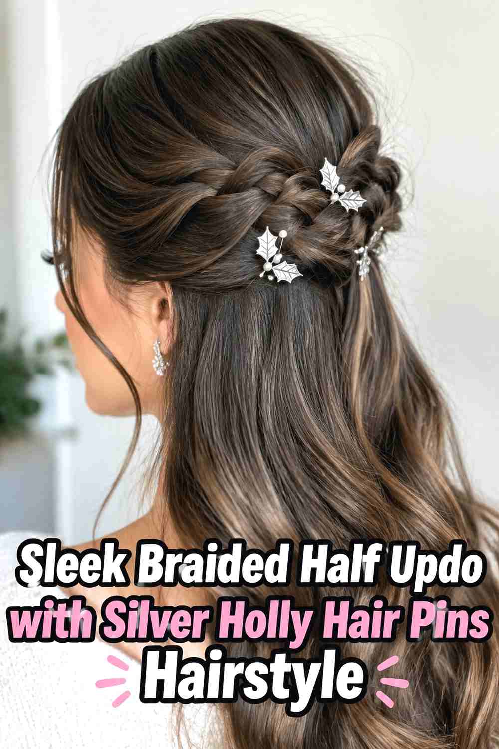 10. Sleek Braided Half Updo With Silver Holly Hair Pins Hairstyle