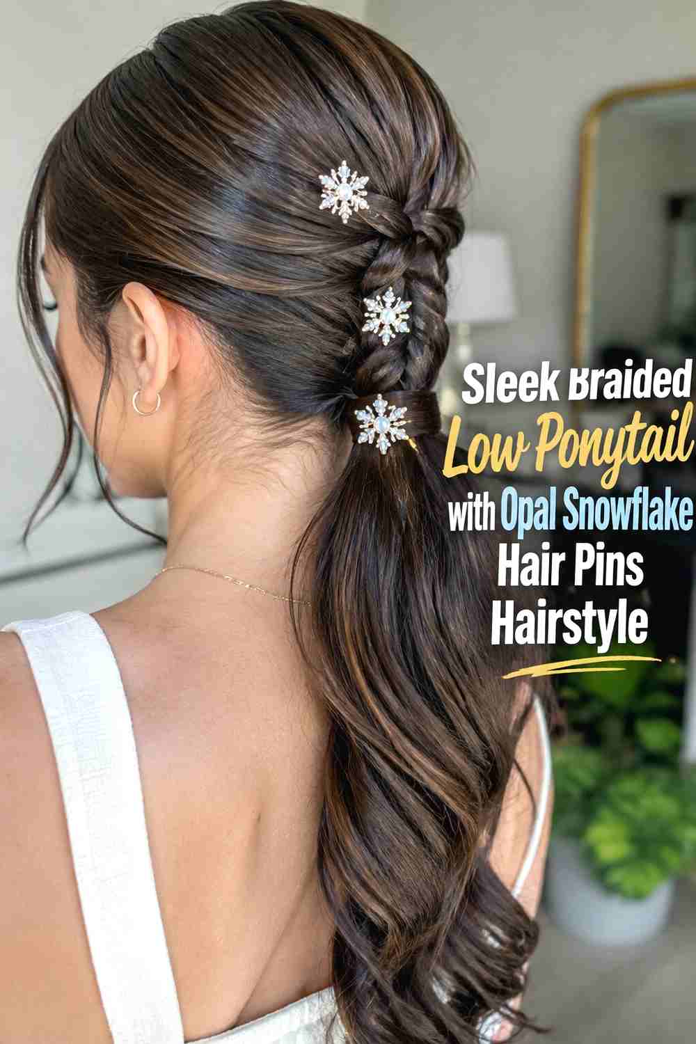 2. Sleek Braided Low Ponytail With Opal Snowflake Hair Pins Hairstyle