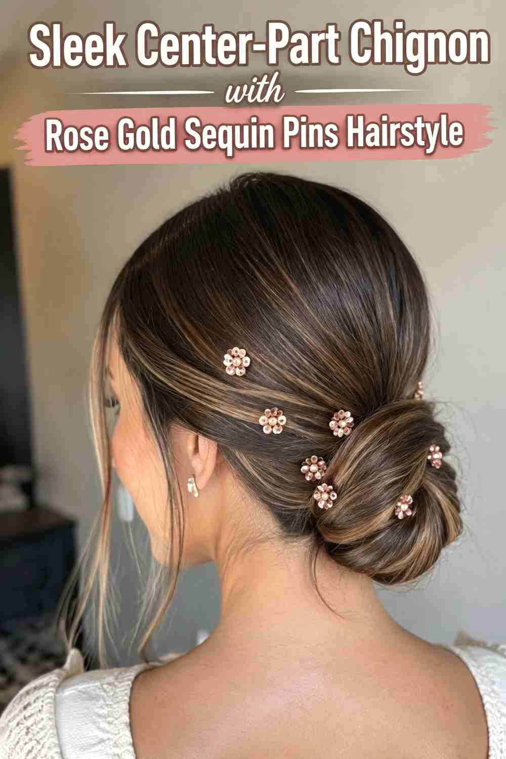 3. Sleek Center Part Chignon With Rose Gold Sequin Pins Hairstyle