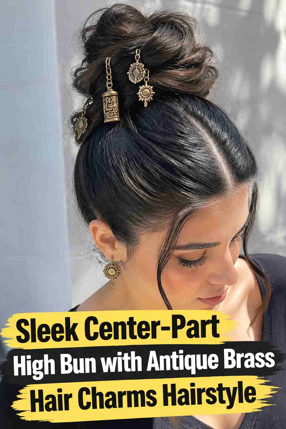 1. Sleek Center Part High Bun With Antique Brass Hair Charms Hairstyle