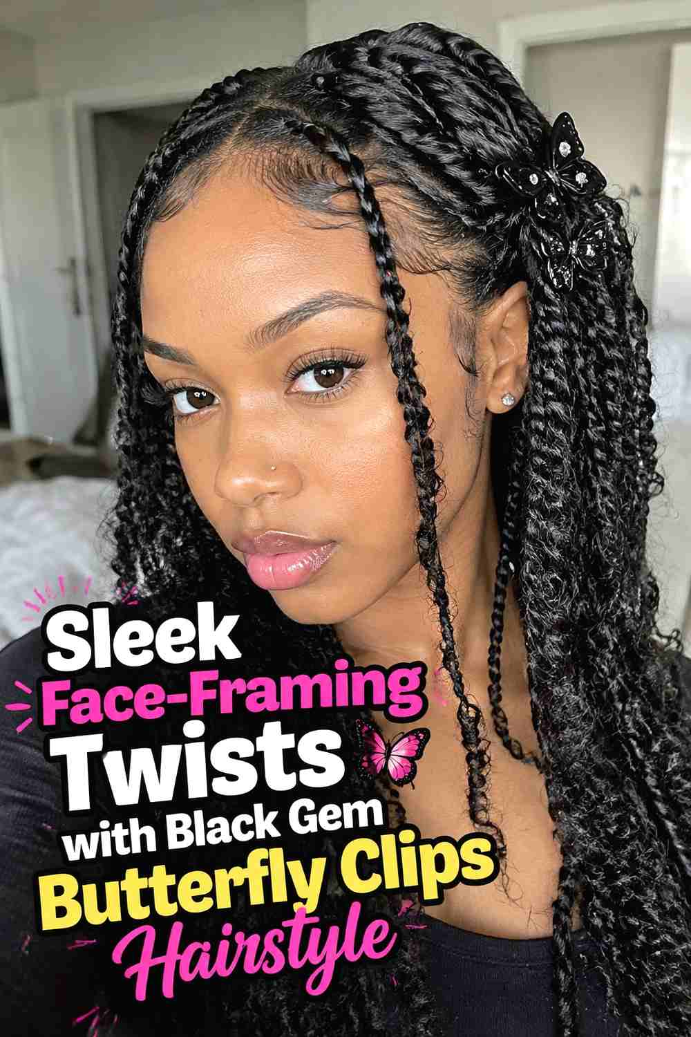 6. Sleek Face Framing Twists With Black Gem Butterfly Clips Hairstyle