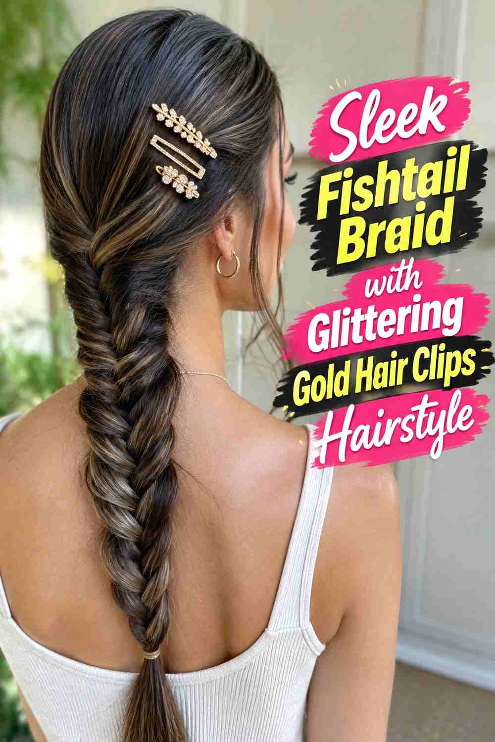 12. Sleek Fishtail Braid With Glittering Gold Hair Clips Hairstyle