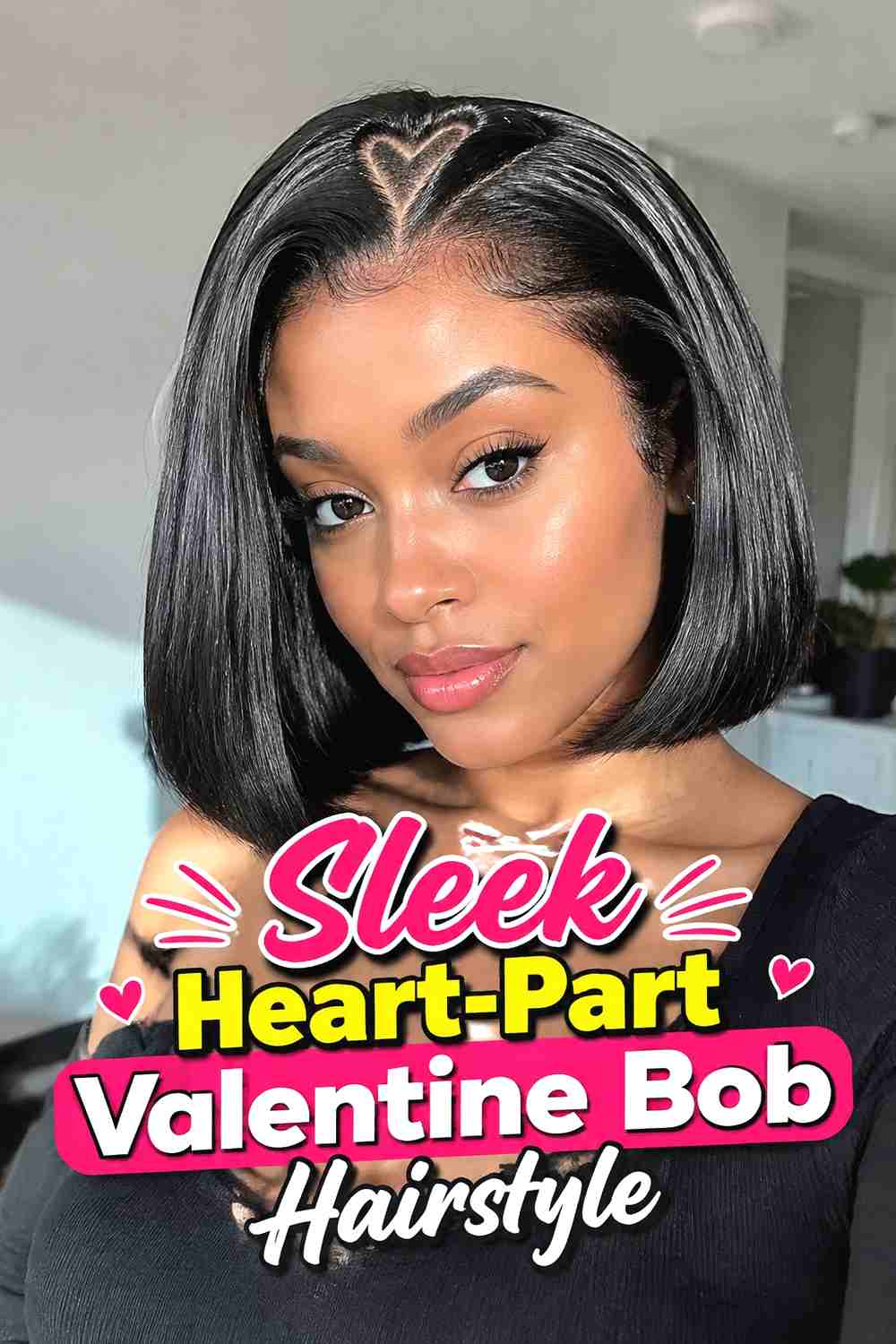 8. Sleek Heart Part Valentine Bob Hairstyle