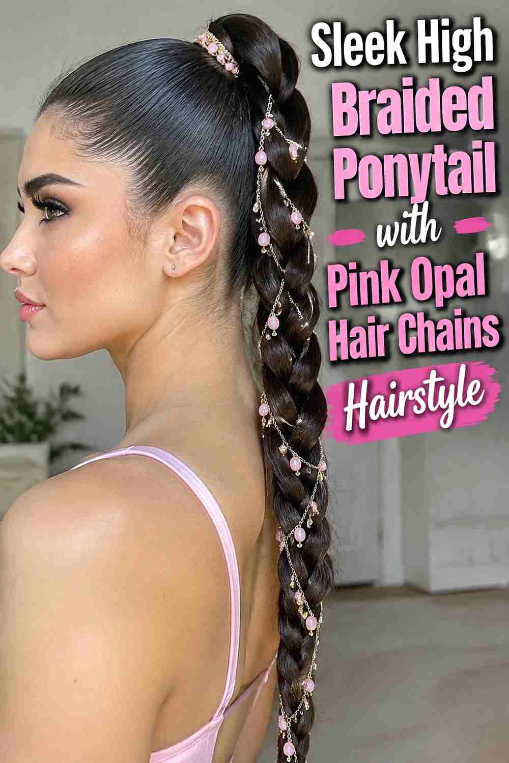 1. Sleek High Braided Ponytail With Pink Opal Hair Chains Hairstyle