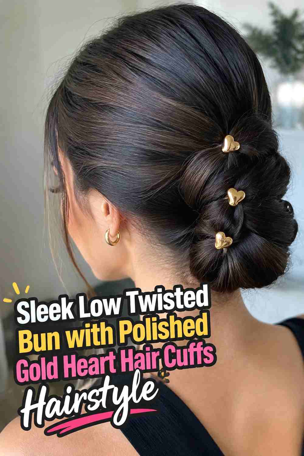 6. Sleek Low Twisted Bun With Polished Gold Heart Hair Cuffs Hairstyle