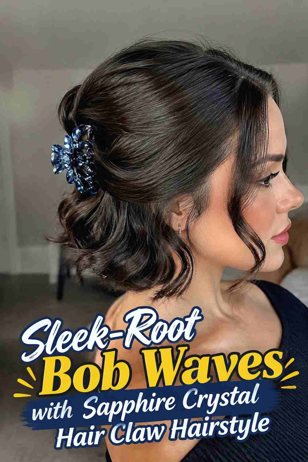 14. Sleek Root Bob Waves With Sapphire Crystal Hair Claw Hairstyle